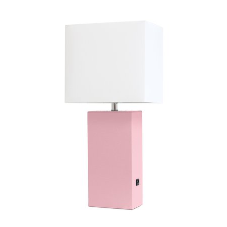 LALIA HOME 21 Leather Base Table Lamp with USB Charging Port , White Rectangular Shade, Pink LHT-3012-PN